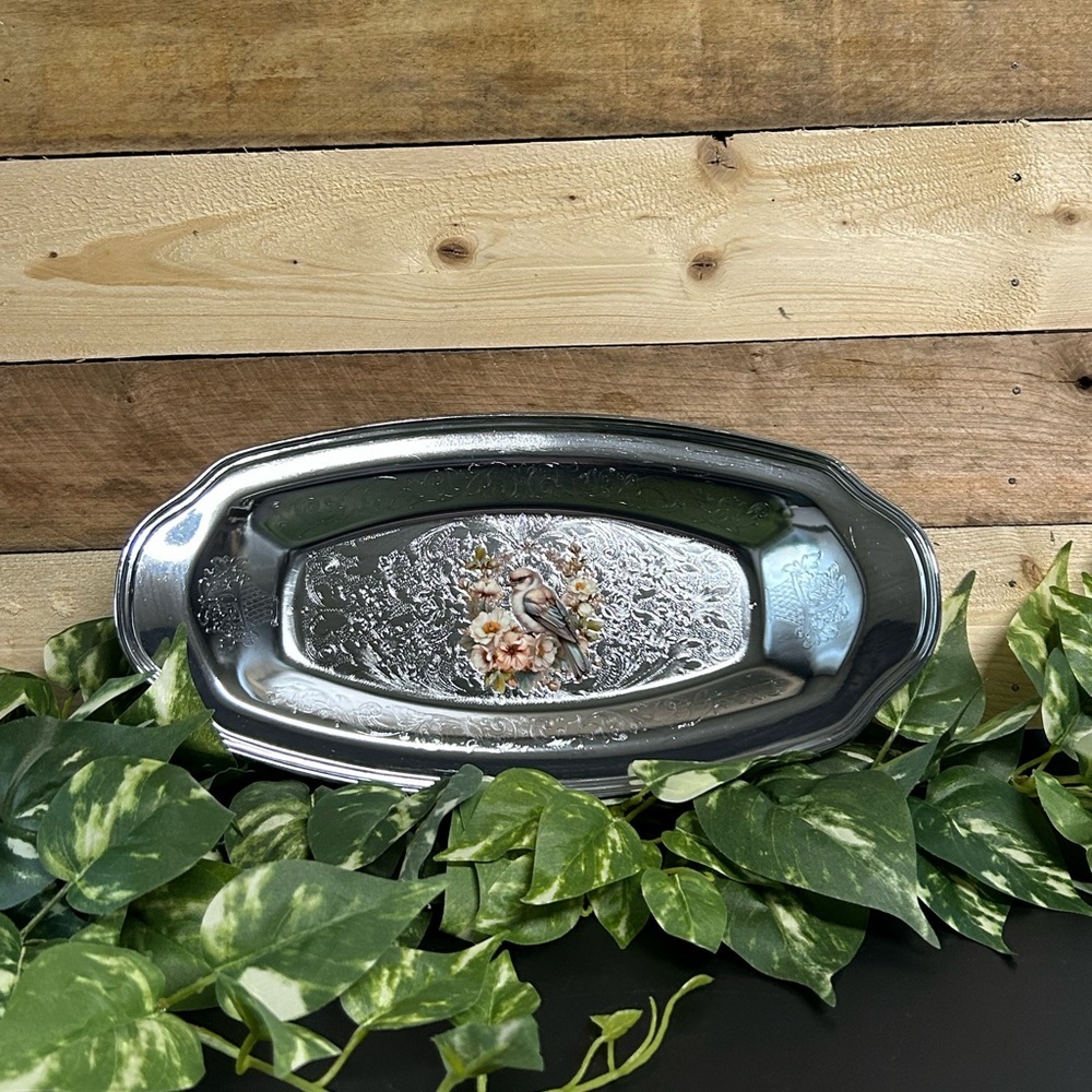 Vintage 1980's Irvinware USA Etched Chrome Oval Oblong Tray Bird Home‎ Decor